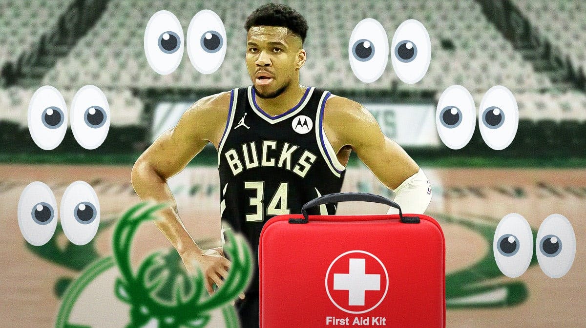 Giannis Antetokounmpo with an injury kit in front of him and a bunch of big eyes emojis in the background
