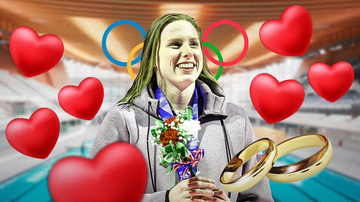 U.S. Olympic women's swimming Lilly King, with the engagement ring emoji and a bunch of hearts. Please add the Olympic rings behind King,