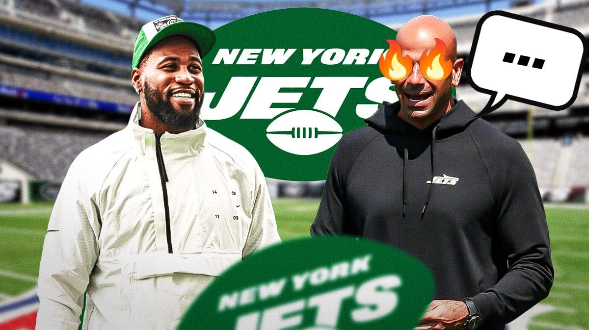 New York Jets defensive end Haason Reddick next to Jets head coach Robert Saleh. Saleh has fire emojis over his eyes and has a speech bubble with the three dots emoji inside. There is also a logo for the New York Jets.