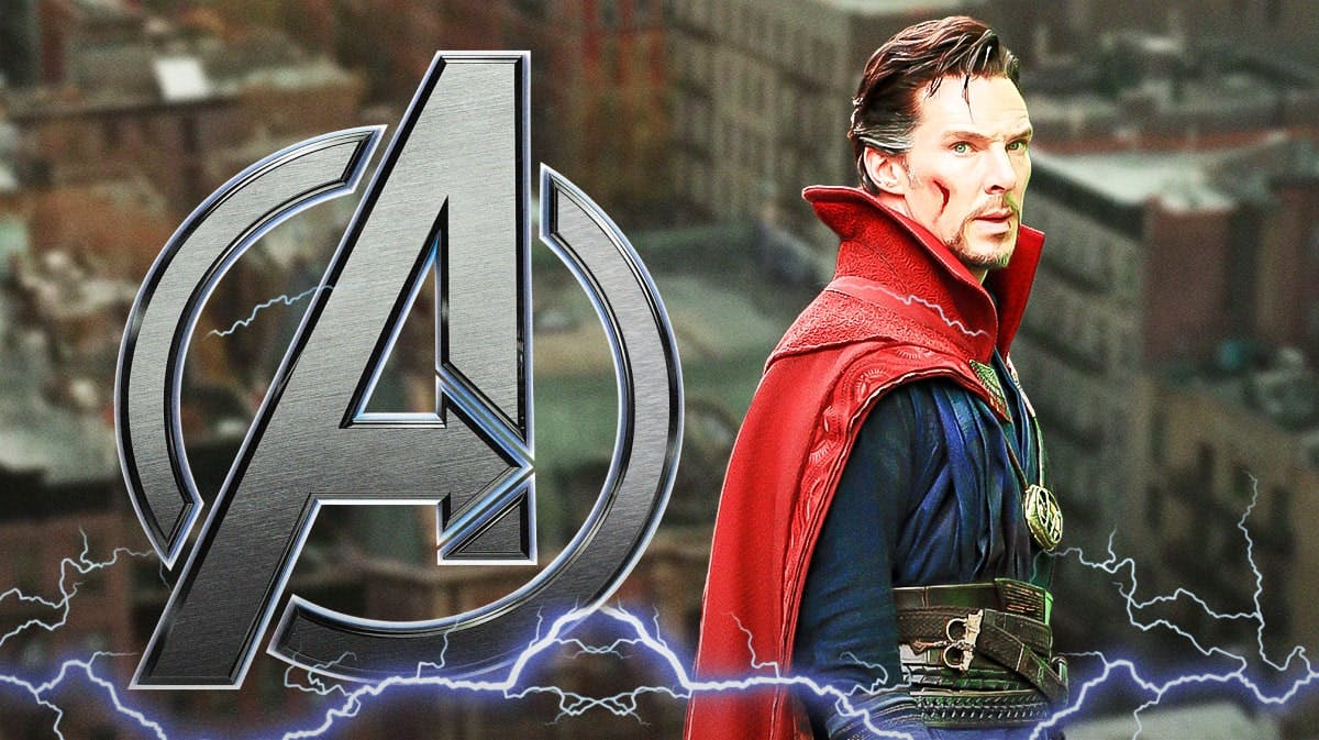 MCU Avengers logo with Benedict Cumberbatch as Doctor Strange and Sanctum Sanctorum background.