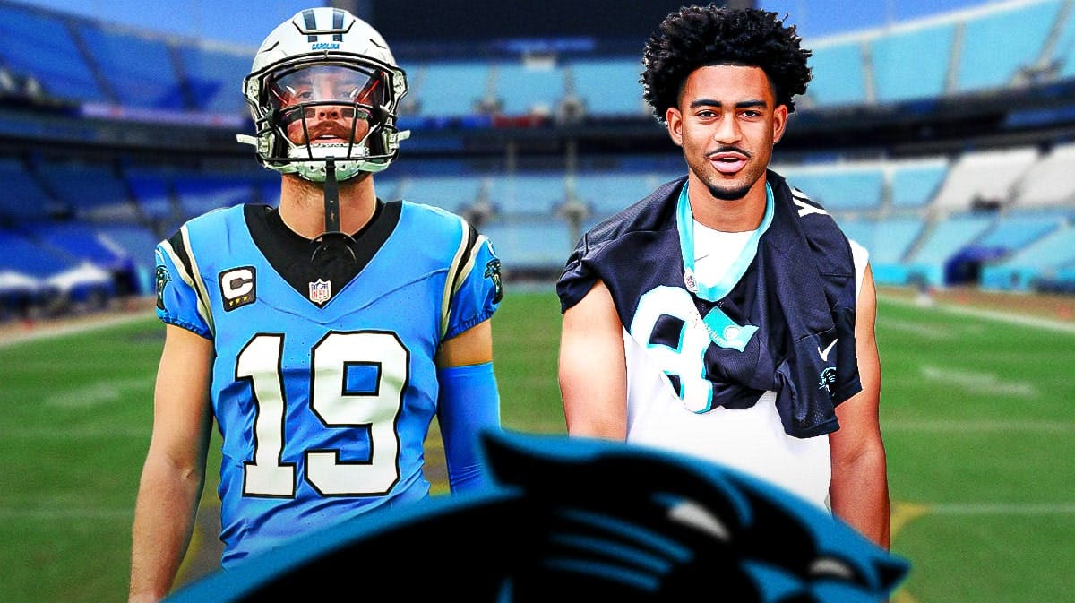 Carolina Panthers stars Adam Thielen and Bryce Young in front of Bank of America Stadium.