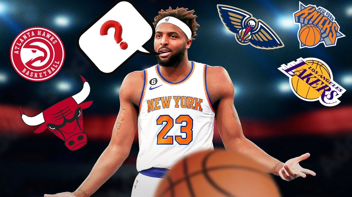 Mitchell Robinson shouting/angry with comic book style thought bubbles filled with question marks coming from his mouth. Additionally, add the logos of the Knicks, Pelicans, Lakers, Bulls, and Hawks over his head.