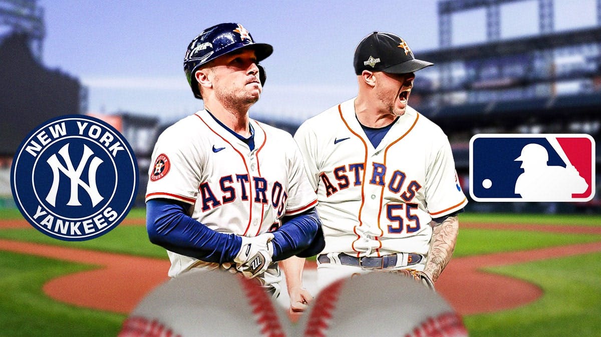 Astros' Alex Bregman and Ryan Pressly stand next to Yankees logo during trade rumors