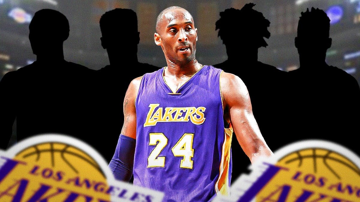 Kobe Bryant in a Lakers uniform (from 2105 or 2016) next to 4 silhouettes of Larry Nance Jr, Julius Randle, Jordan Clarkson, and D'Angelo Russell