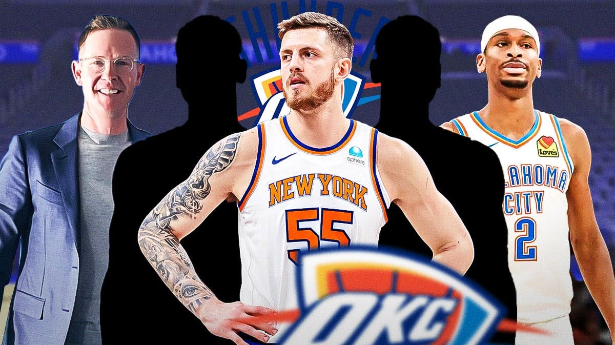 saiah Hartenstein and two silhouettes in the middle of the graphic. On either side of those three is Sam Presti and on the other side is Shai Gilgeous-Alexander. Thunder logo on front.