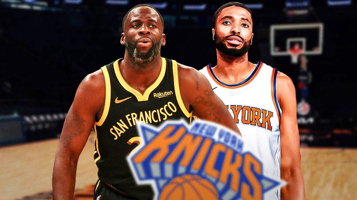 Golden State Warriors star Draymond Green and New York Knicks star Mikal Bridges in front of Madison Square Garden.
