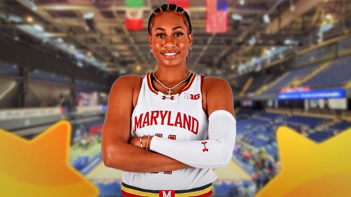 Jakia Brown-Turner in a Mystics jersey with the Mystics arena in the background, roster