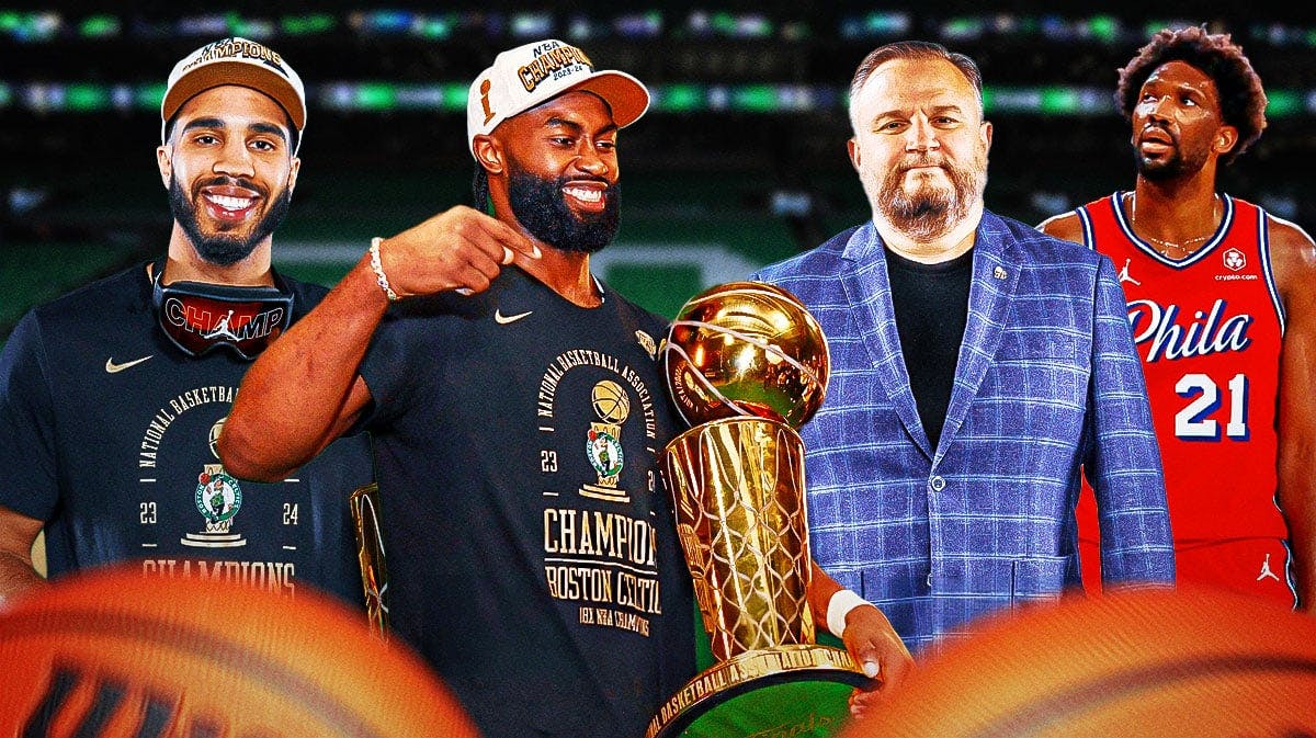 : Celtics' Jayson Tatum and Jaylen Brown holding the 2024 Larry O'Brien trophy, with 76ers' Daryl Morey and Joel Embiid on the side