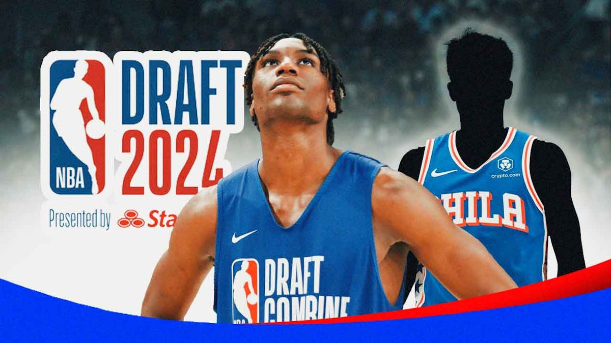Ja'Kobe Walter in front of a silhouette in a 76ers jersey and the 2024 NBA Draft logo
