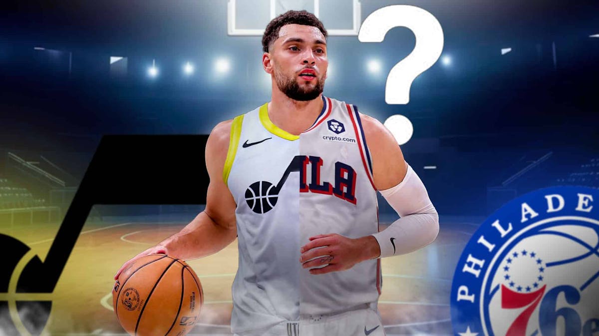Image: Zach Lavine with a jersey that is half utah jazz and have 76ers, with a big ? in the background