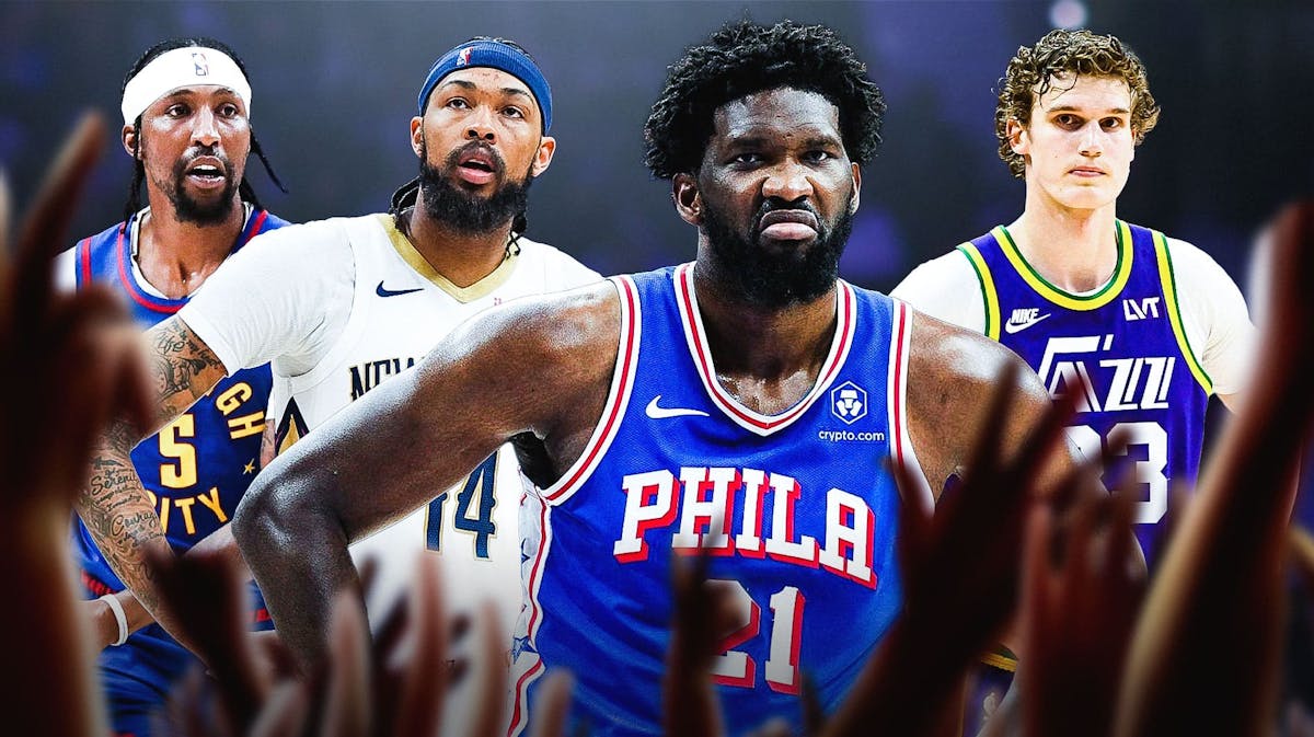 Brandon Ingram, Lauri Markkanen, and Kentavious Caldwell-Pope beside Joel Embiid in a 76ers uni in the middle