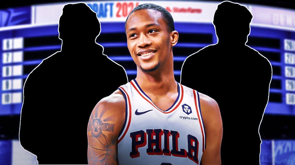 Ron Holland in a 76ers jersey, a silhouette of Devin Carter, a silhouette of Ja'Kibe Walter, and an NBA Draft background.