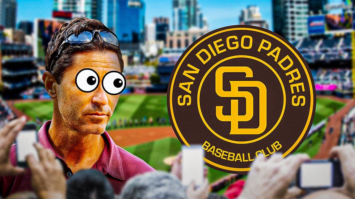 AJ Preller with emoji eyes looking at a Padres logo at Petco Park