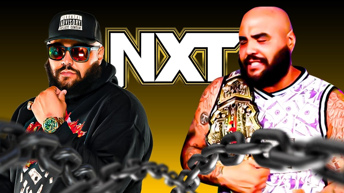 TAN Wrestling's AJ Francis with the TNA Digital Media Championship next to Top Dolla with the NXT logo as the background.