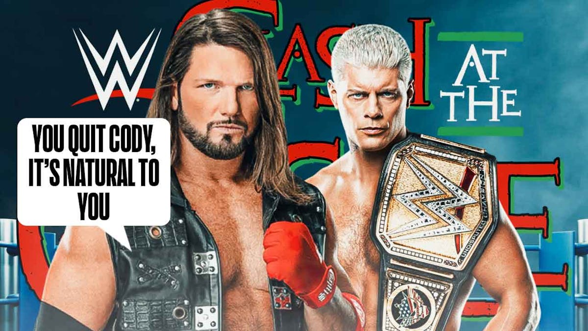 AJ Styles with a text bubble reading "You Quit Cody, it's natural to you!" next to Cody Rhodes with the Clash at the Castle logo as the background.