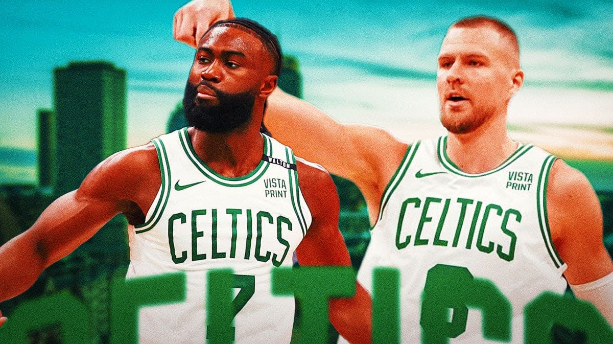 Celtics Jaylen brown and Kristaps Porzingis looking hyped on a boston city background after the Game 1 win in the NBA Finals over the Mavericks.