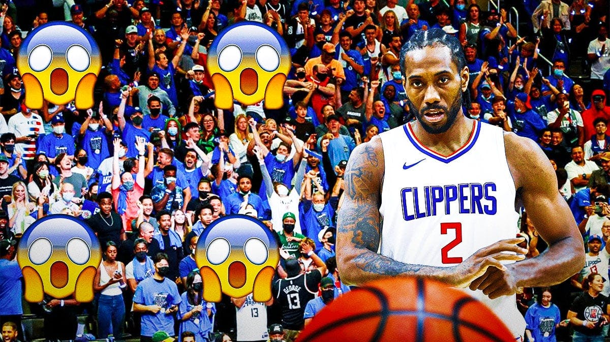Kawhi Leonard on one side, a bunch of Los Angeles Clippers fans on the other side with a bunch of shocked emojis around them