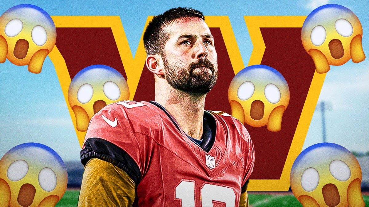 Brandon McManus in a Washington Commanders uniform with a bunch of shocked emojis in the background