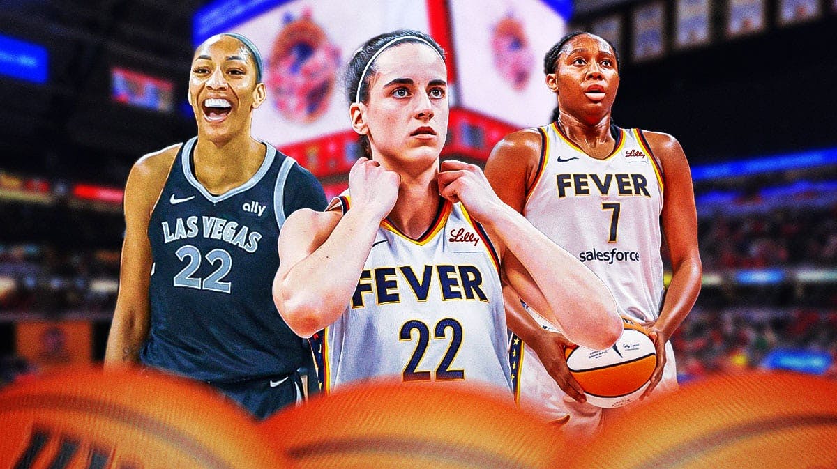 Indiana Fever player Caitlin Clark in the center, with Las Vegas Aces player A'ja Wilson on one side and Indiana Fever player Aliyah Boston on the other side