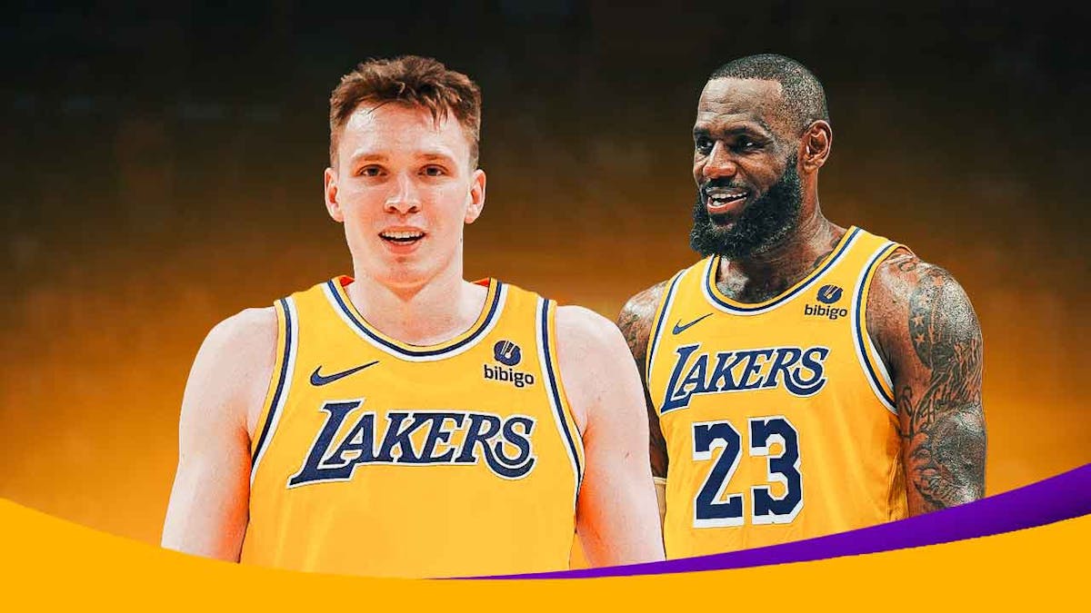 LeBron James hyped up while looking at Dalton Knecht in a Lakers uniform