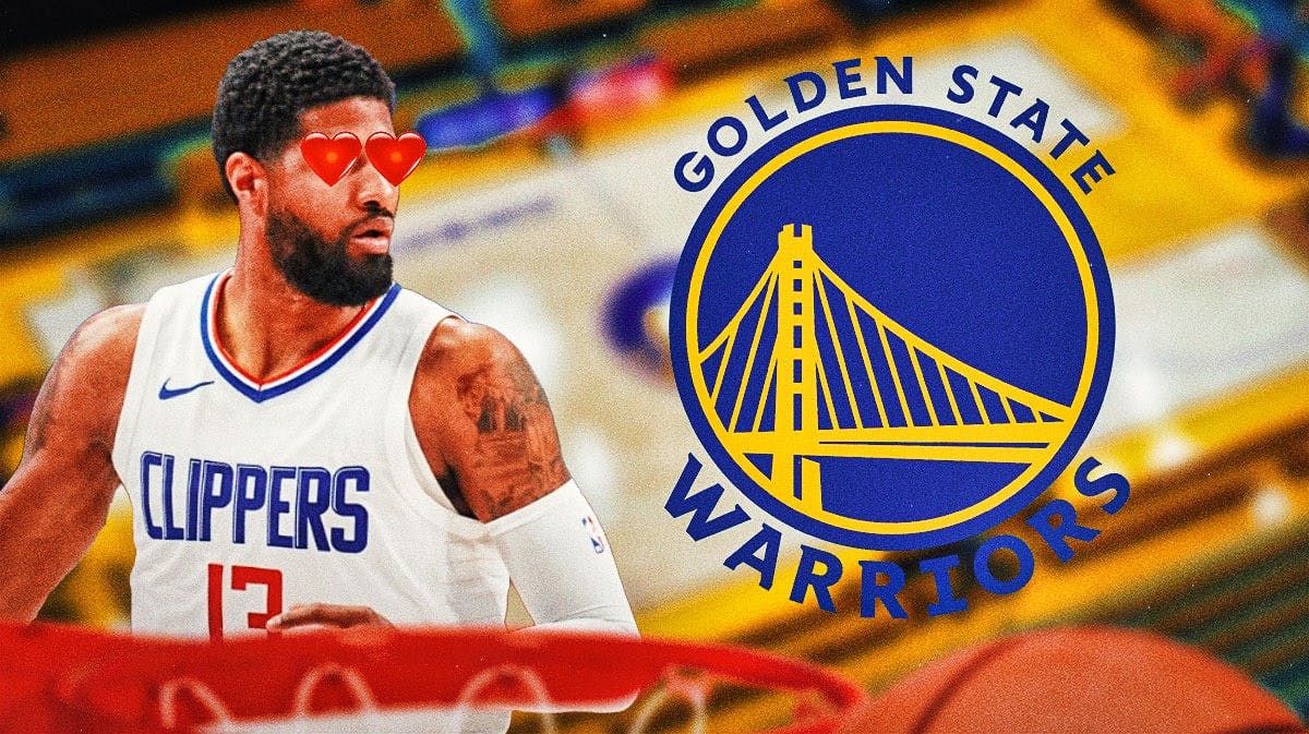 Paul George looks at Warriors logo with heart eyes