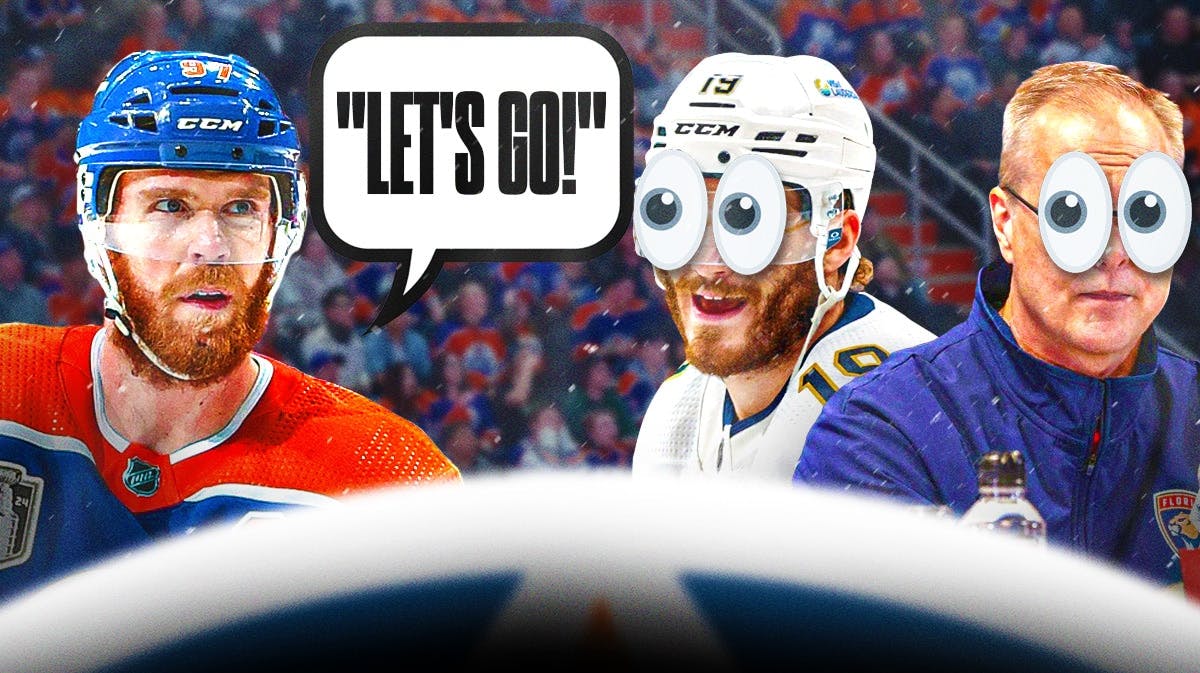 Connor McDavid on one side with a speech bubble that says "Let's go!", Matthew Tkachuk and Paul Maurice on the other side with the big eyes emoji over their faces