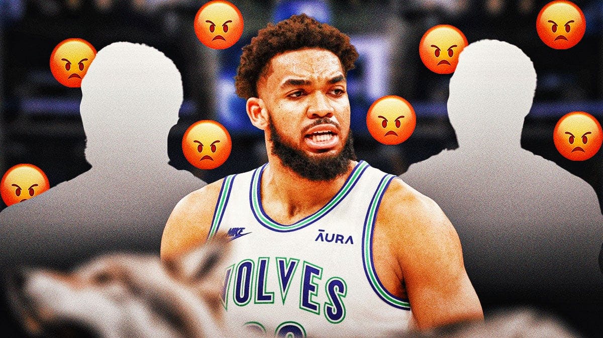 Karl-Anthony Towns in the middle, a silhouette of a basketball player on both sides of him, a bunch of angry emojis in the background