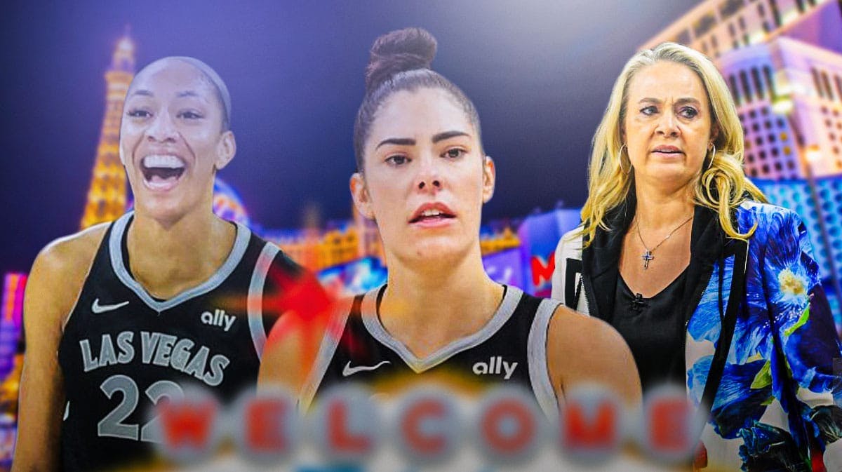 The city of Las Vegas, Nevada as the background, with dollar signs and basketballs, as well as WNBA Las Vegas Aces players Kelsey Plum and A'ja Wilson, and Las Vegas Aces coach Becky Hammon