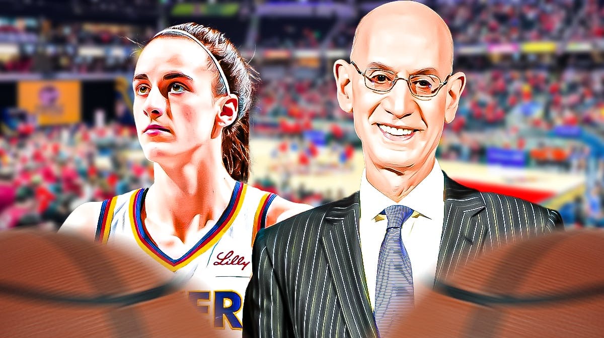 Caitlin Clark alongside Adam Silver with the Indiana Fever arena in the background