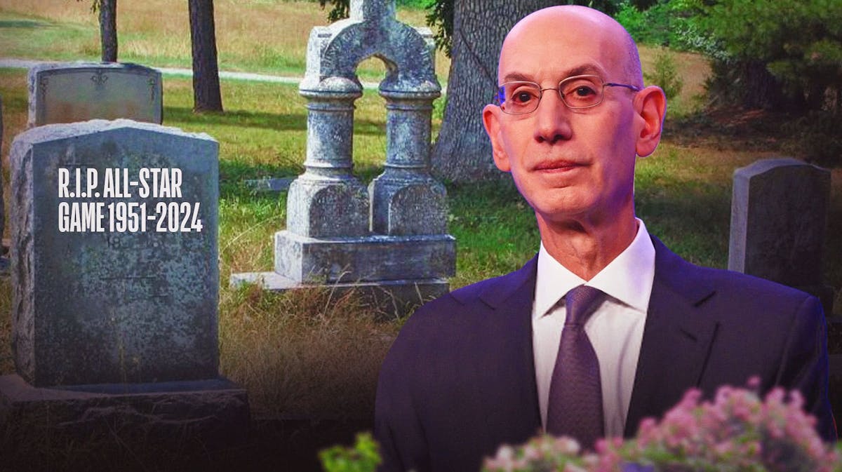 NBA commissioner Adam Silver looking sad beside a tombstone, with "R.I.P. All-Star Game 1951-2024" written on the tombstone
