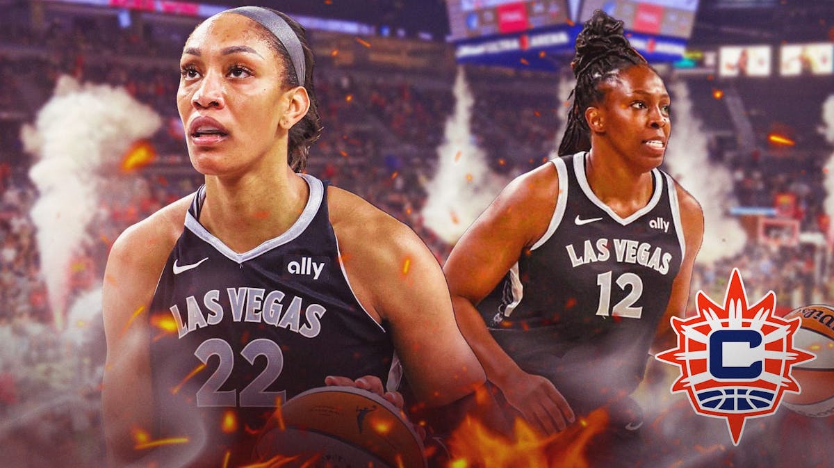 A’ja Wilson and Chelsea Gray with flames and Sun logo to the side