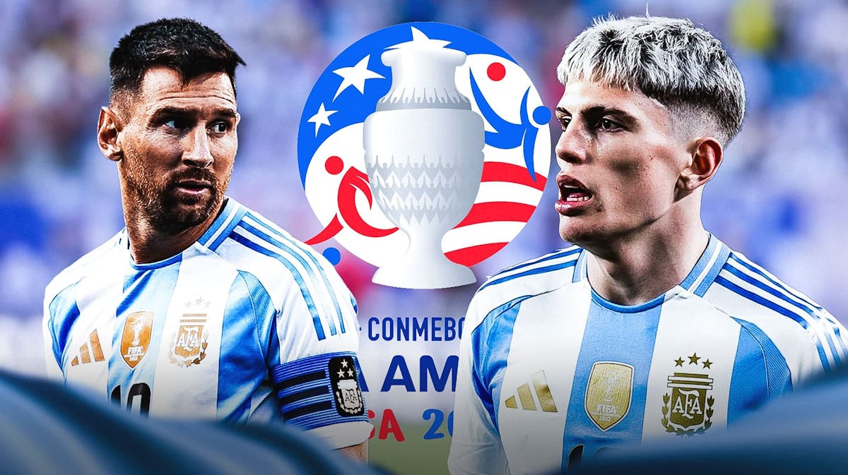Alejandro Garnacho and Lionel Messi in front of the Copa America logo