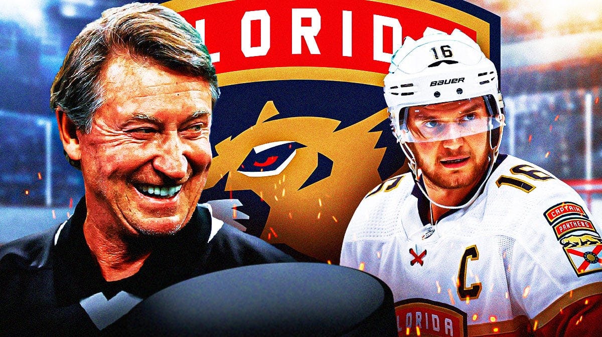 Sasha Barkov in middle of image with fire around him, Wayne Gretzky in image, Florida Panthers logo, hockey rink in background
