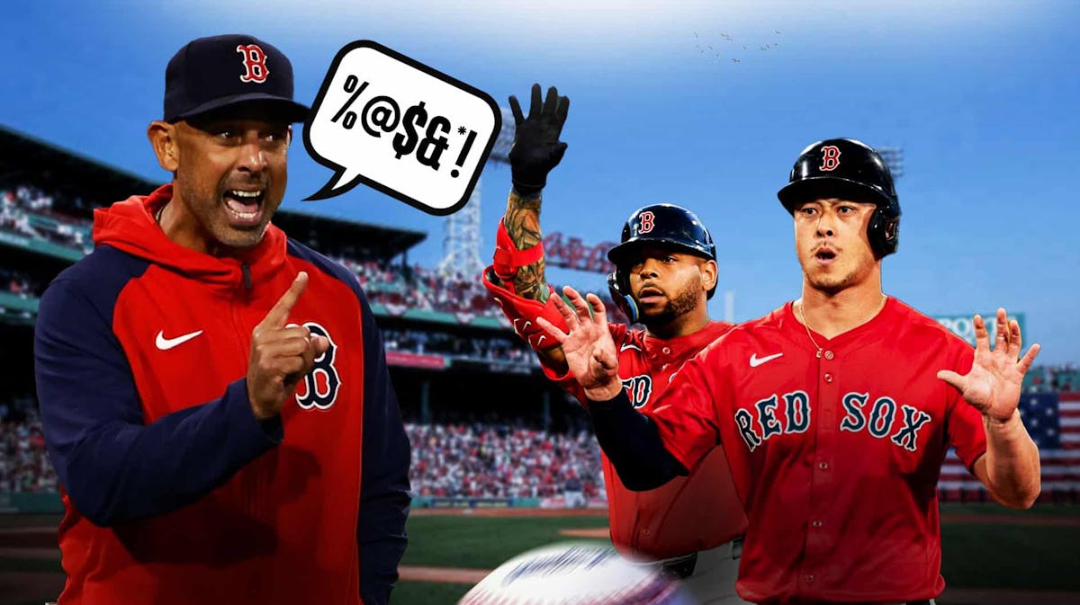 Red Sox's Alex Cora angry, with speech bubble: %@$&*!, while looking at Rob Refsnyder and Dominic Smith