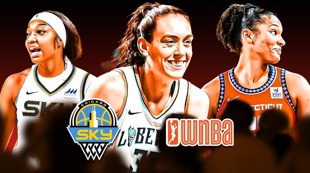 Sky's Angel Reese stands next to Breanna Stewart, Alyssa Thomas, WNBA logo amid inspiration chants