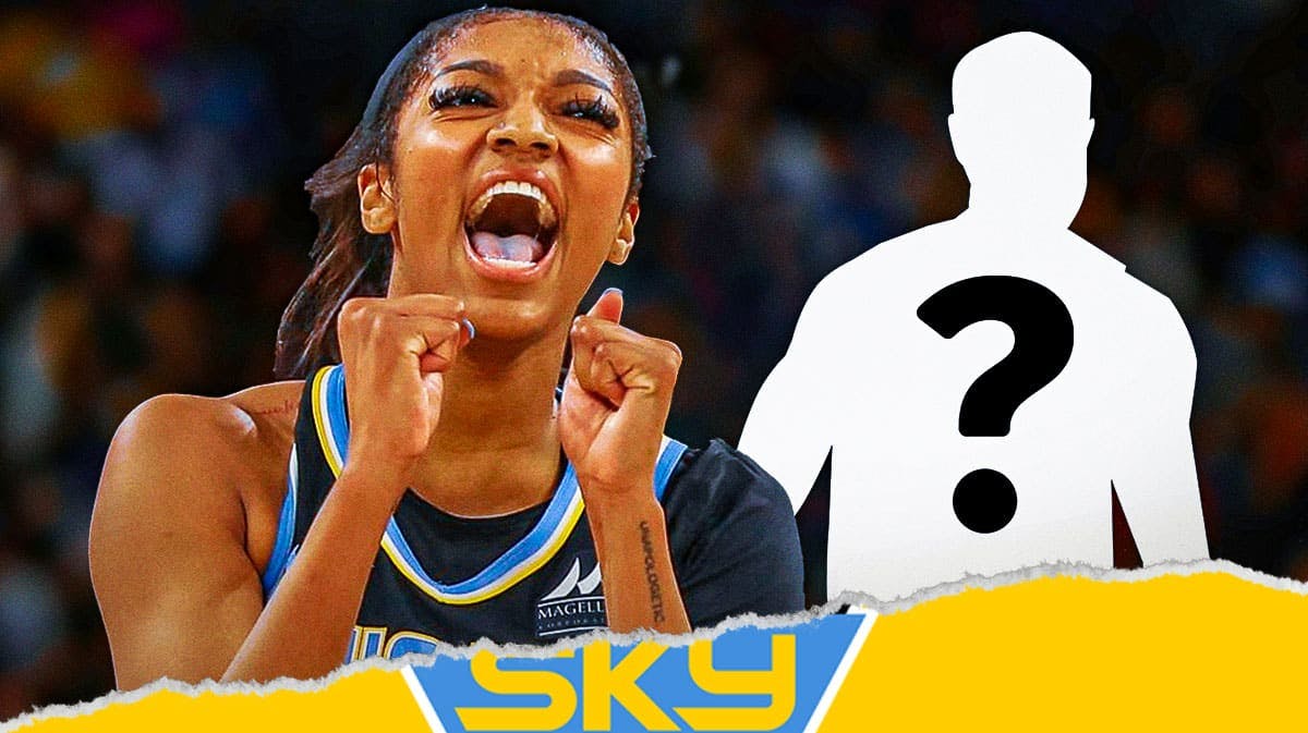 Chicago Sky forward Angel Reese with a silhouette of a man with a big question mark emoji inside. There is also a logo for the Chicago Sky.