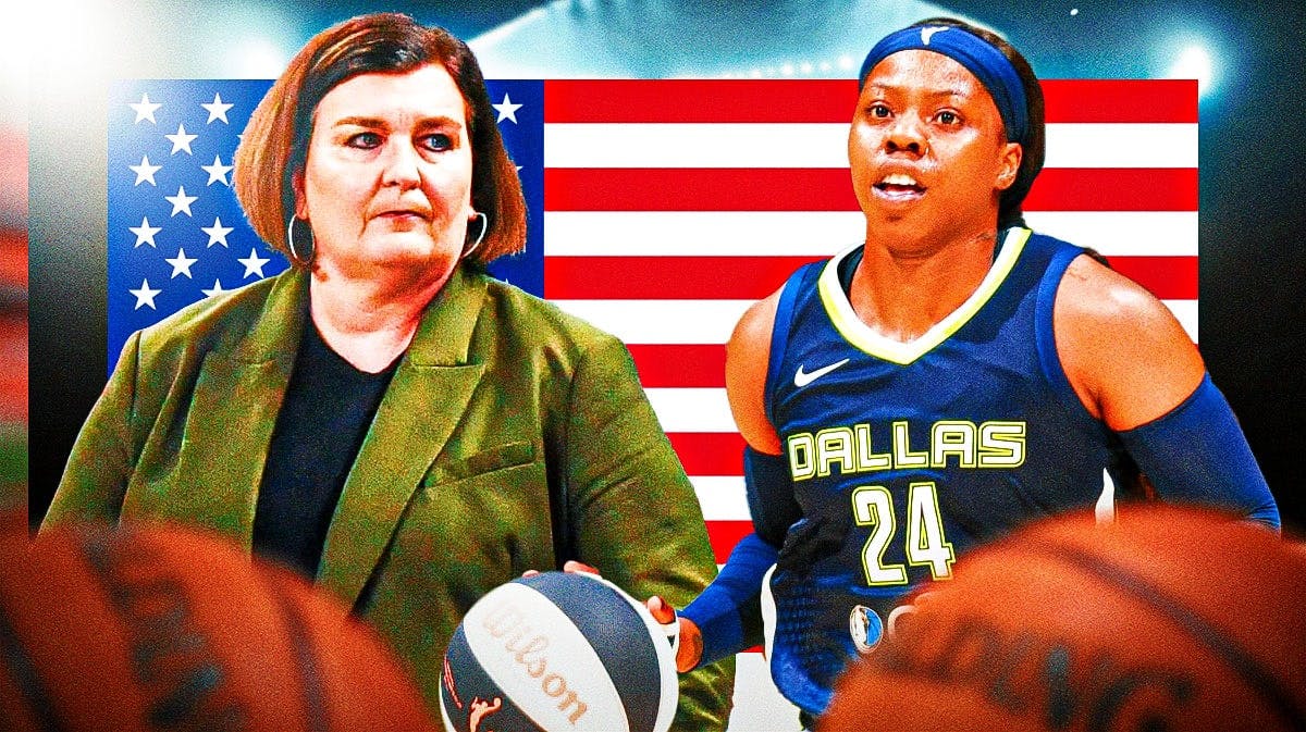 Dallas Wings Latricia Trammell on left looking concerned/serious. Dallas Wings Arike Ogunbowale on right looking concerned/serious. Place the USA flag in background.