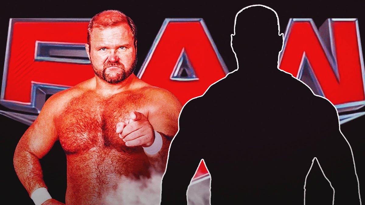 Arn Anderson next to the blacked-out silhouette of Bron Breakker with the RAW logo as the background.