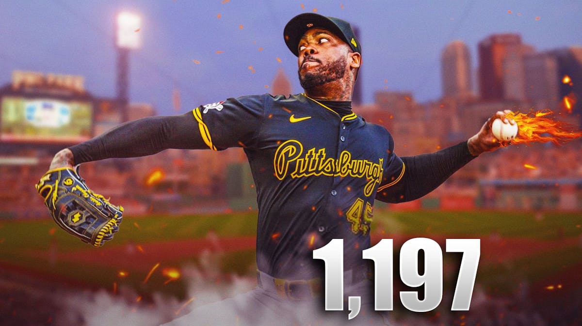 Aroldis Chapman in a Pittsburgh Pirates uniform throwing a baseball with a flame trail and the number 1,197 across the bottom (he broke a strikeout record)