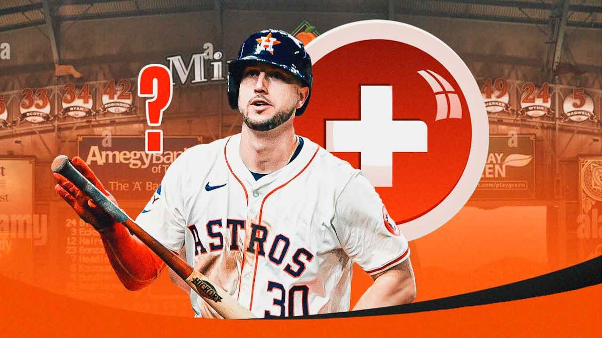 Astros' Kyle Tucker looking serious, with question marks and red medical cross beside him