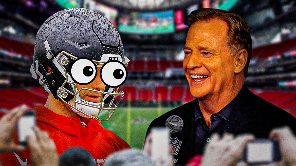 Kirk Cousins on one side in an Atlanta Falcons jersey with the big eyes emoji over his face, Roger Goodell on the other side