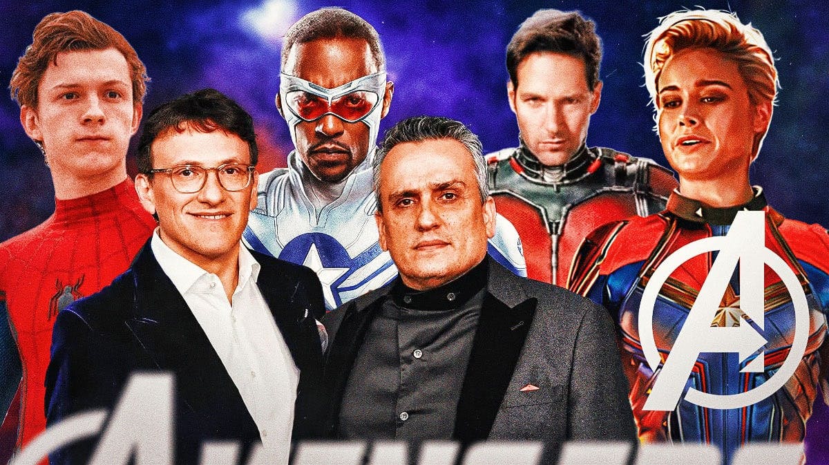Russo Brothers (Joe and Anthony) with MCU Avengers logo and characters Spider-Man (Tom Holland), Captain America (Anthony Mackie), Ant-Man (Paul Rudd), and Captain Marvel (Brie Larson).