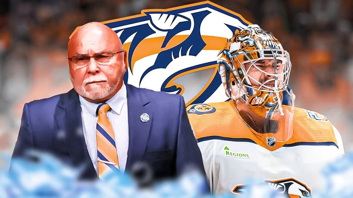 Barry Trotz and Juuse Saros side by side Nashville Predators logo in the background.
