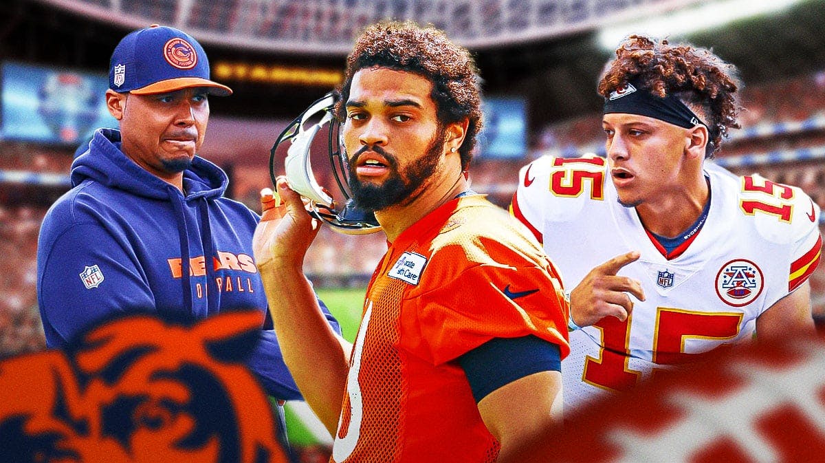 Chicago Bears QB Caleb Williams with Kansas City Chiefs QB Patrick Mahomes and Bears general manager Ryan Poles. There is also a logo for the Chicago Bears.