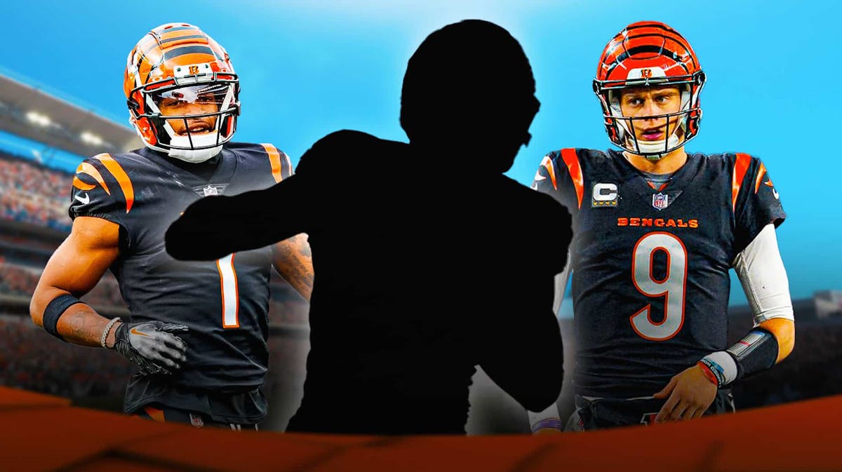 Mystery player in the middle, Joe Burrow, Ja'Marr Chase around him, Cincinnati Bengals wallpaper in the background