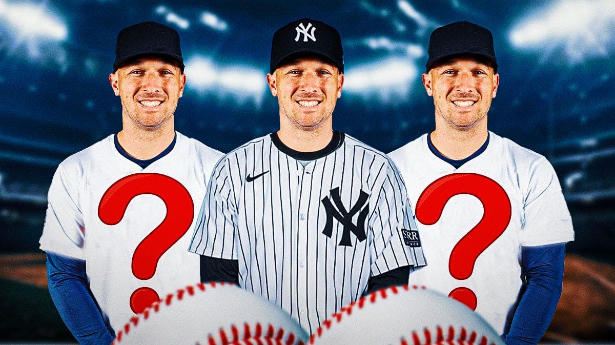 Astros 3 identical pics of Alex Bregman. One in a Yankees jersey and two in blank white jerseys with question marks on them