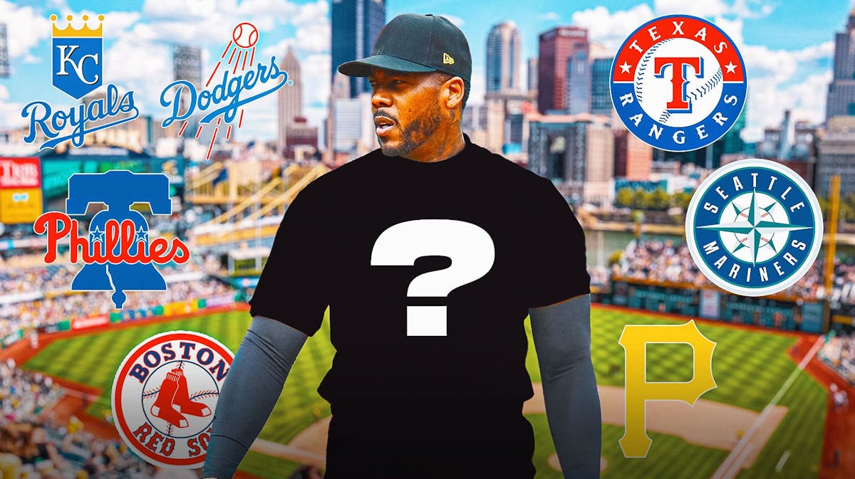 Aroldis Chapman with blank jersey with question mark in the middle. Pirates, Royals, Mariners, Dodgers, Phillies, Rangers, Red Sox logos in the background