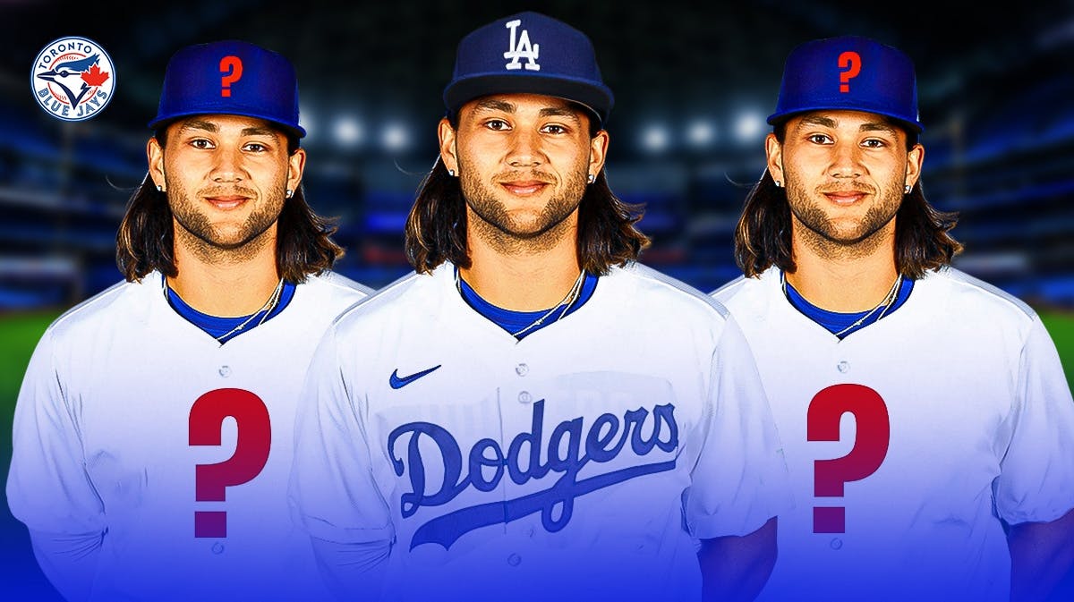 Blue Jays Bo Bichette in a Dodgers uniform and two mystery uniforms