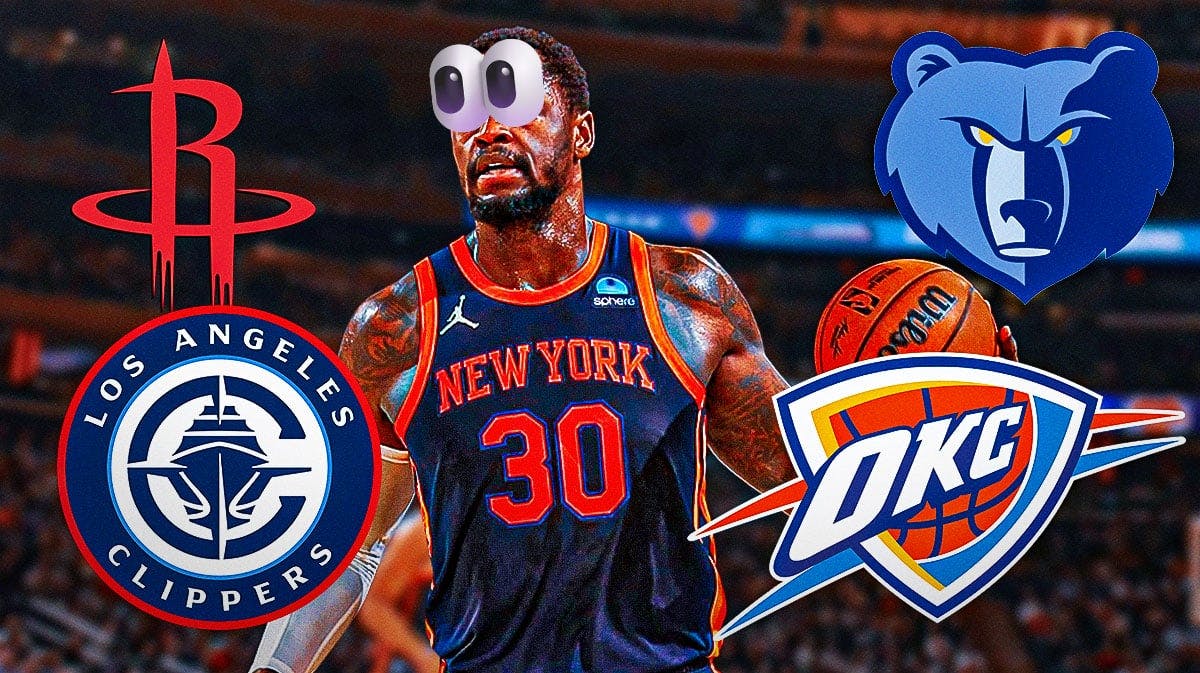 Julius Randle with bulging eyes next to Rockets, Grizzlies, Thunder, and Clippers logos