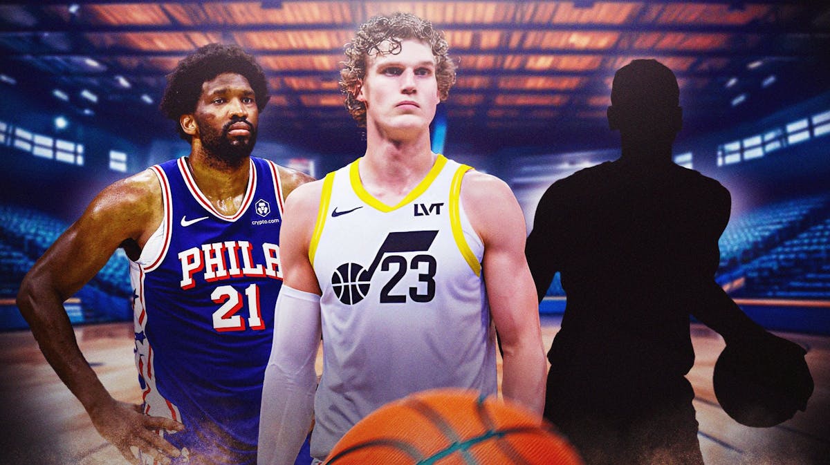 Lauri Markkanen with Joel Embiid on his left and the blacked-out silhouette of Shai Gilgeous-Alexander on his right.
